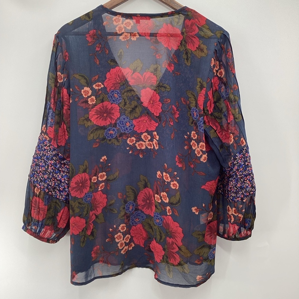 Daniel Rainn Navy and Red Floral Sheer Blouse - Picture 3 of 11